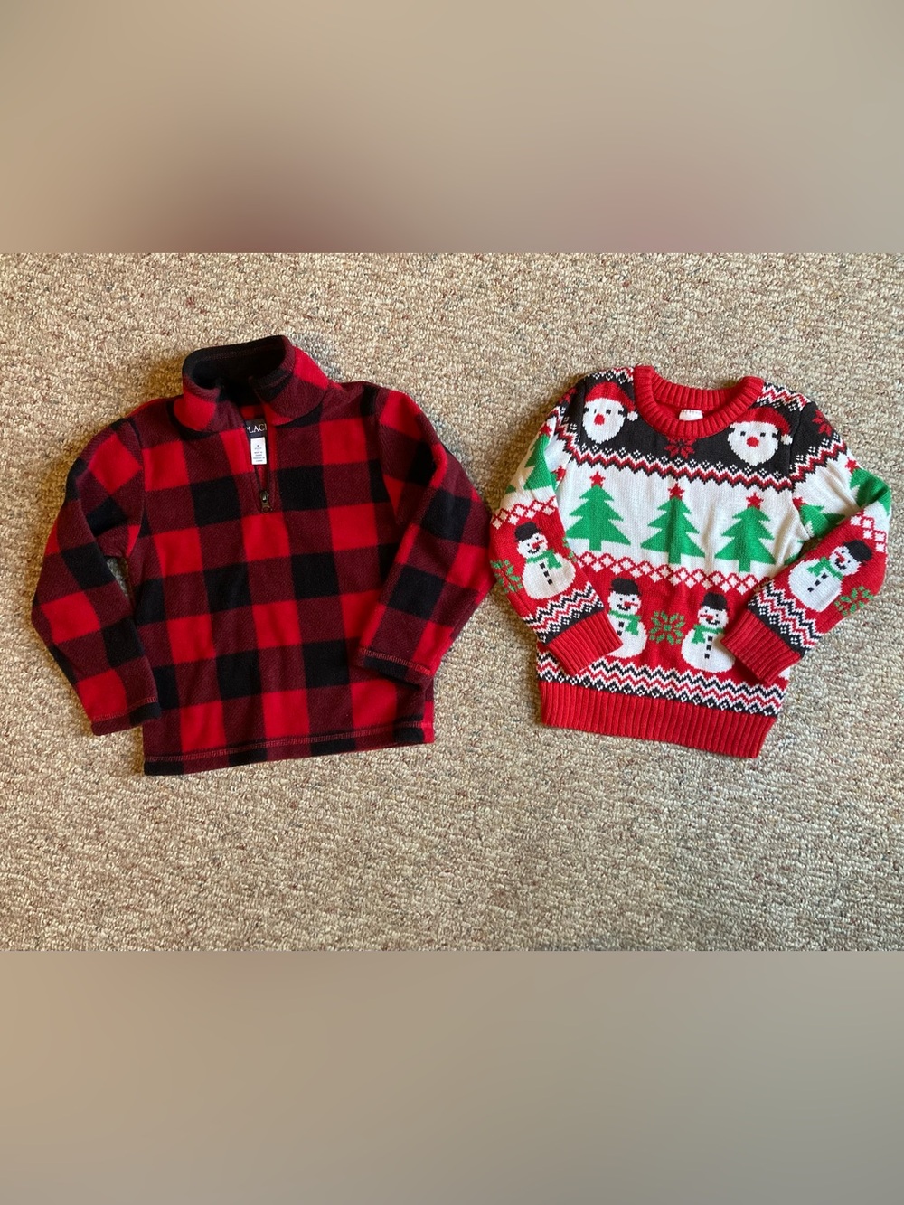 Children’s Place Red & Black Buffalo Plaid Pullover & Red Green Snowman Sweate